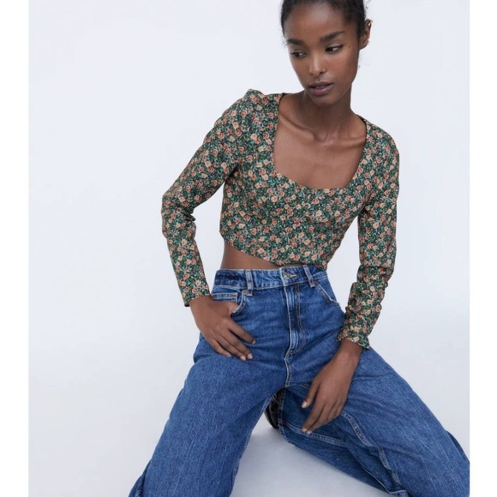NWT Zara Floral Long Sleeve Bustier Crop Top